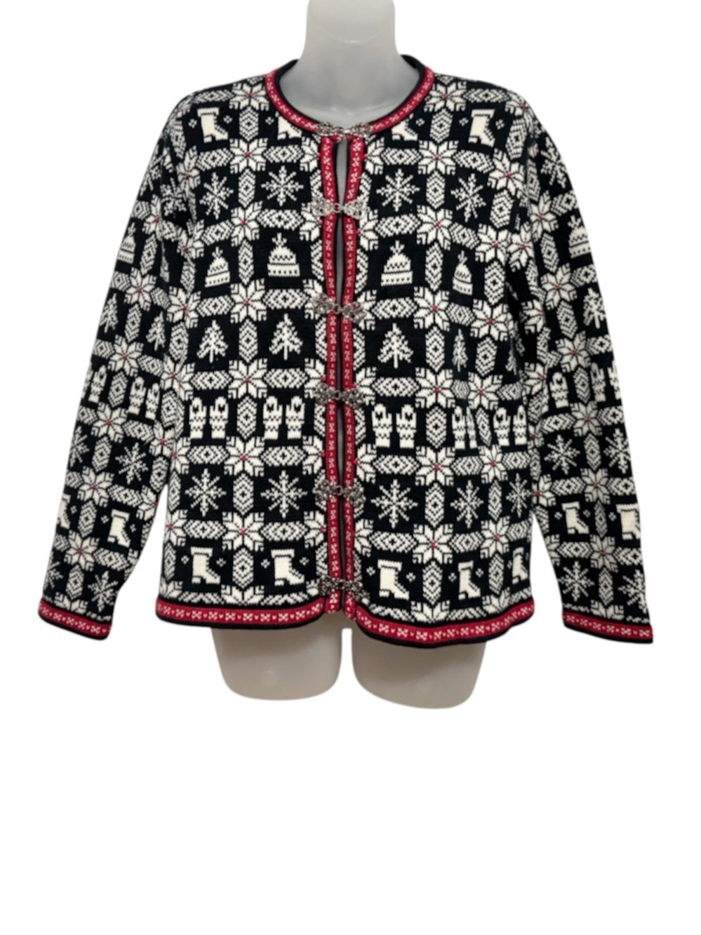 Talbots Black White Red Nordic Cardigan Jacket with Metal Frog Clasps